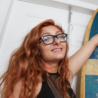 Kinky redhead Kadence Marie in tiny denim shorts swallows a big rod