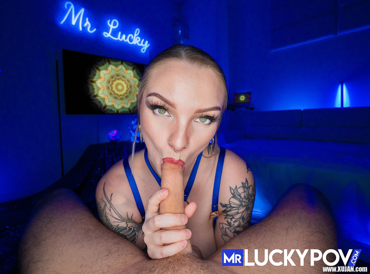 Tattooed Lilith Jane wearing blue lingerie sucking a hard penis - Photo #3275983