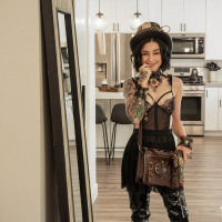 Steampunk chick Stevie Moon being surprised with a big schlong