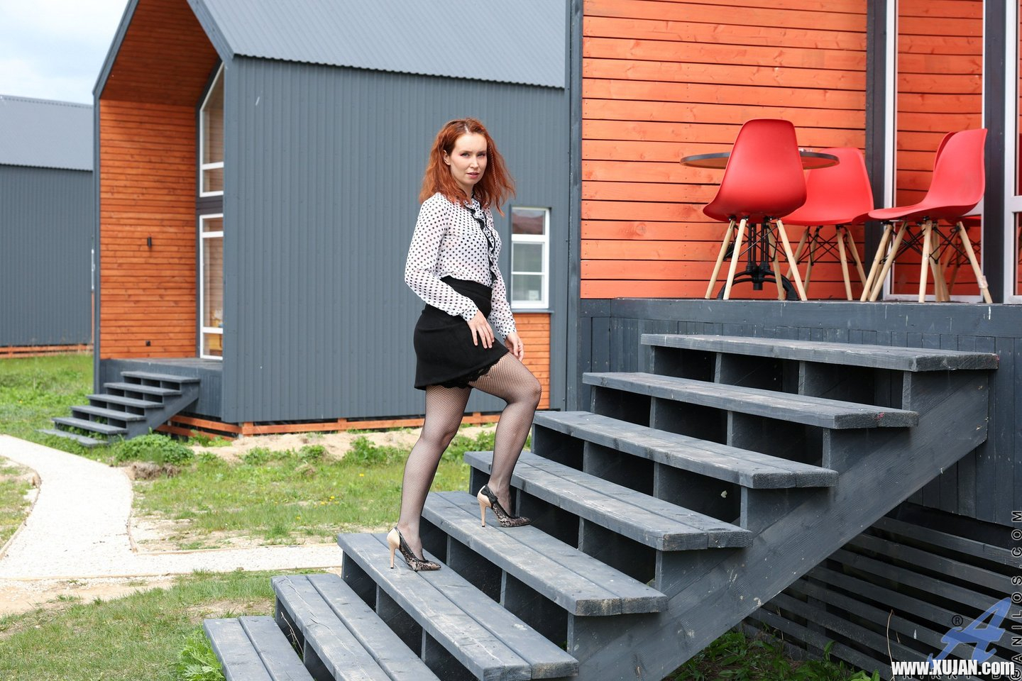 Redhead Kate Shira with natural tits wearing black fishnet stockings - Photo #3290137