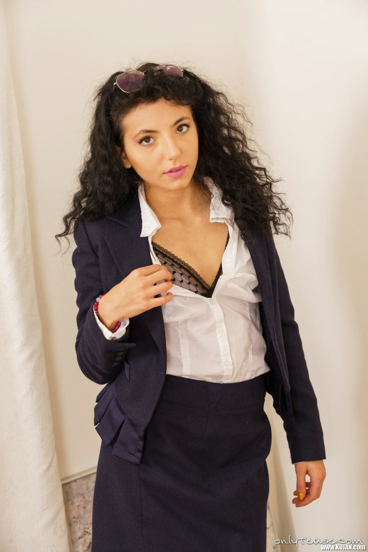 Curly haired chick Mini Mitzi X removes here office clothes for Only Tease - Photo #3293124