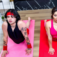 Brunette Nicole Doshi moans while being fucked by her yoga friend