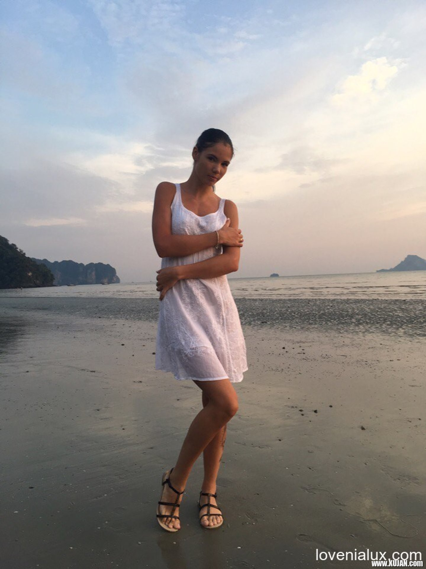 Sweet babe Lovenia Lux posing in a white dress on the beach - Photo #3330319