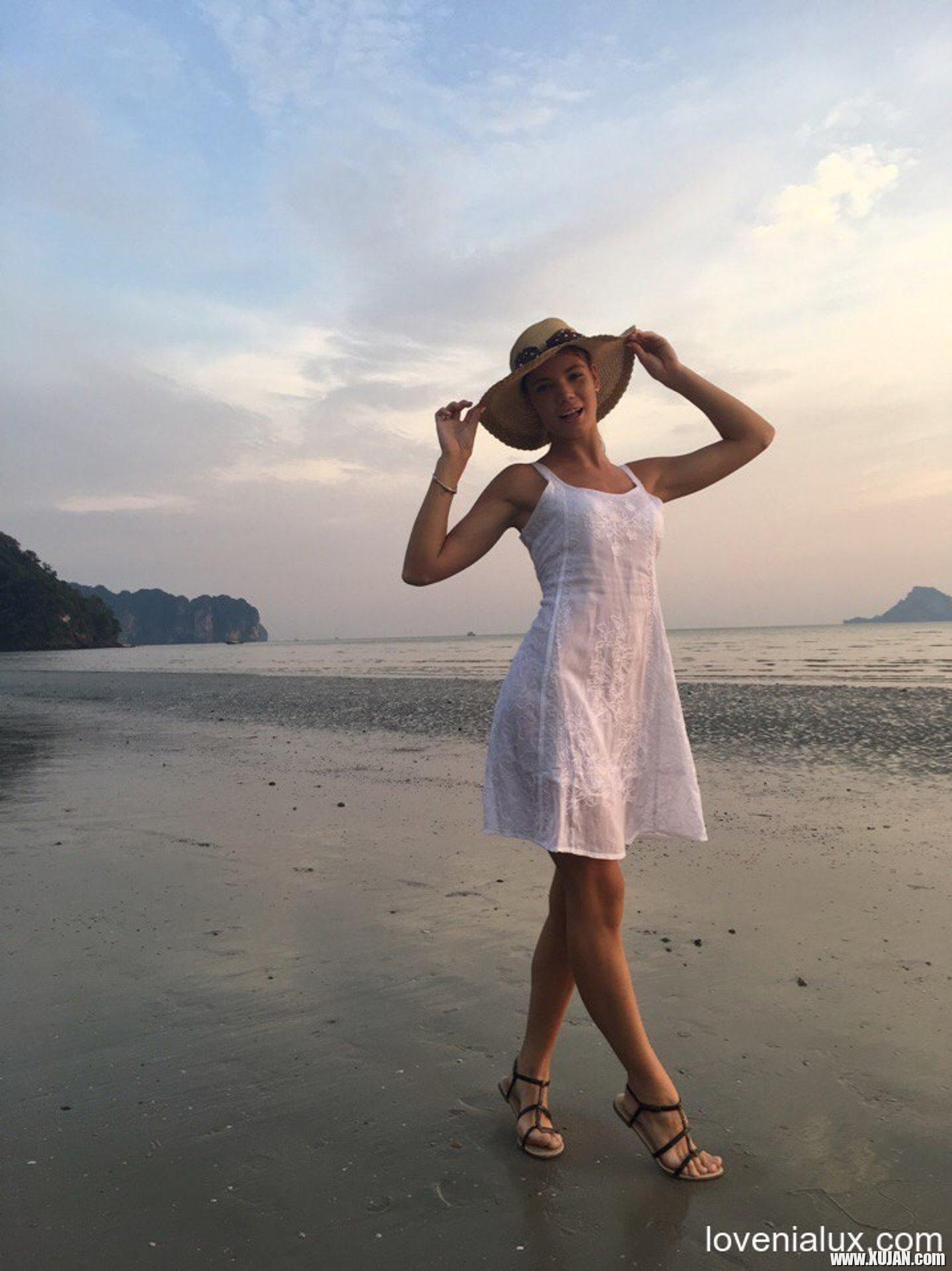 Sweet babe Lovenia Lux posing in a white dress on the beach - Photo #3330320