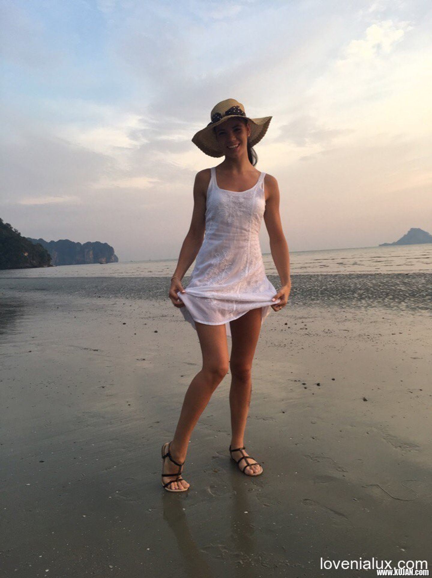Sweet babe Lovenia Lux posing in a white dress on the beach - Photo #3330321