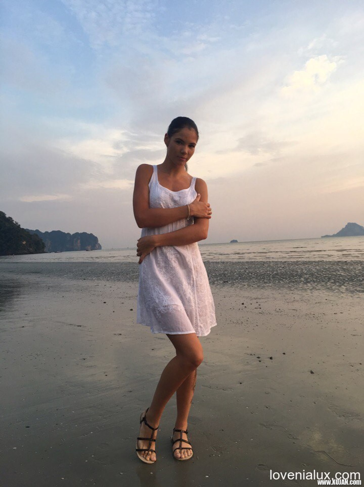 Sweet babe Lovenia Lux posing in a white dress on the beach - Photo #3330324