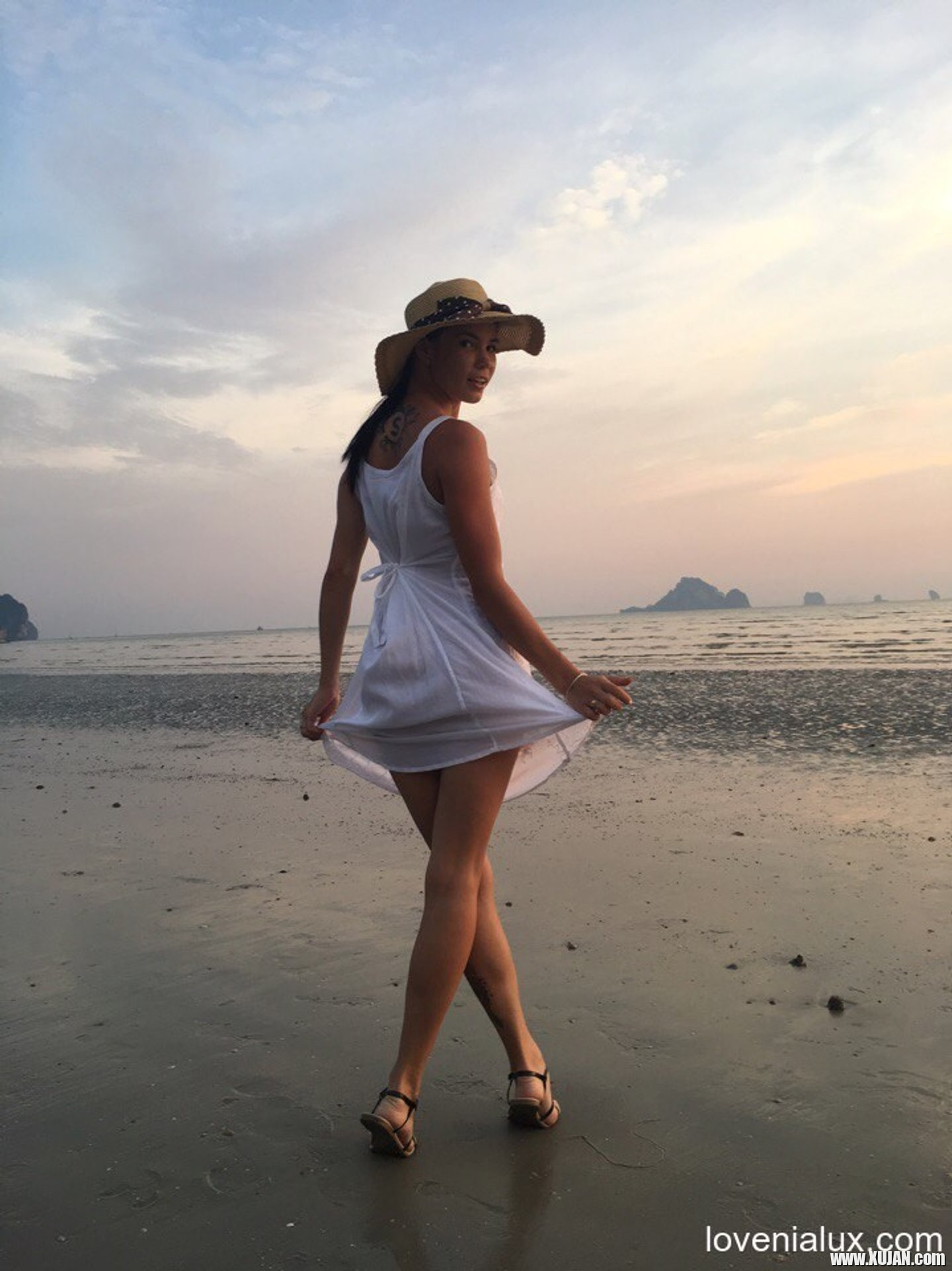 Sweet babe Lovenia Lux posing in a white dress on the beach - Photo #3330326