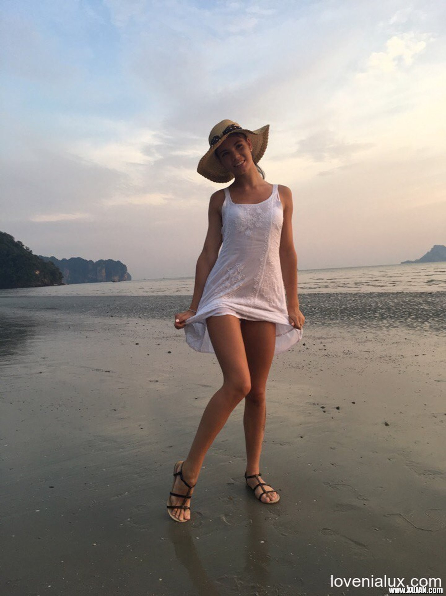 Sweet babe Lovenia Lux posing in a white dress on the beach - Photo #3330332