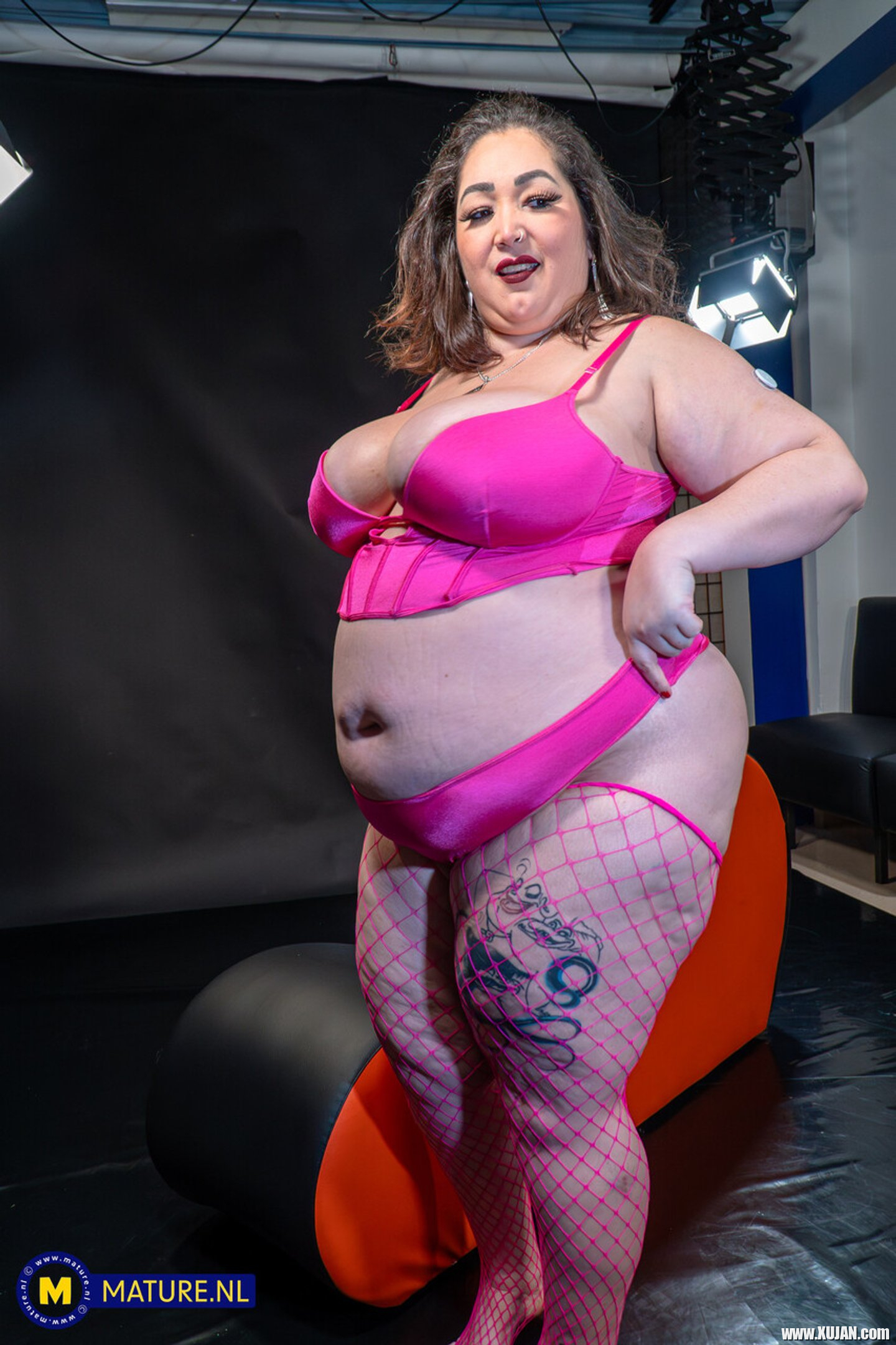 Solo BBW Mae Quira with large boobs wearing fishnet lingerie - Photo #3364989