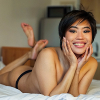 Asian babe Salome Salvi takes off her black thong to ride a white dick