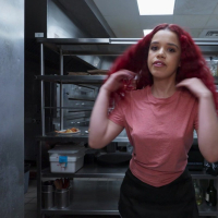 Curly redhead Archer Ali sucks and fucking in professional kitchen