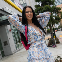 Skinny slut Alex Coal with glasses sucks a dick and rides in POV