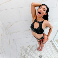 Petite slim chick Laynee James bounces on a rock solid shaft