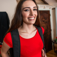 Slim brunette Kendall Karter in red dress strips to ride a big rod