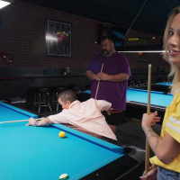 Hot babe Ashlyn Angel gets down and dirty in a pool hall