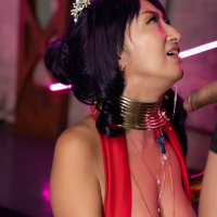 Rei Hoshino sucks on a big cock in her red cosplay outfit