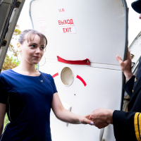 Slutty brunette stewardess Cortney Weiss gets exposed by cocky pilot