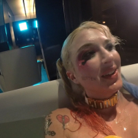 Leya Falcon washes off her Harley Quinn makeup after a cosplay party