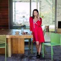 Eve Sweet slowly takes off a red silk negligee