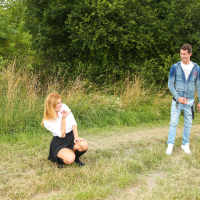 Schoolgirl Chrissy Fox has three way Sex outdoors