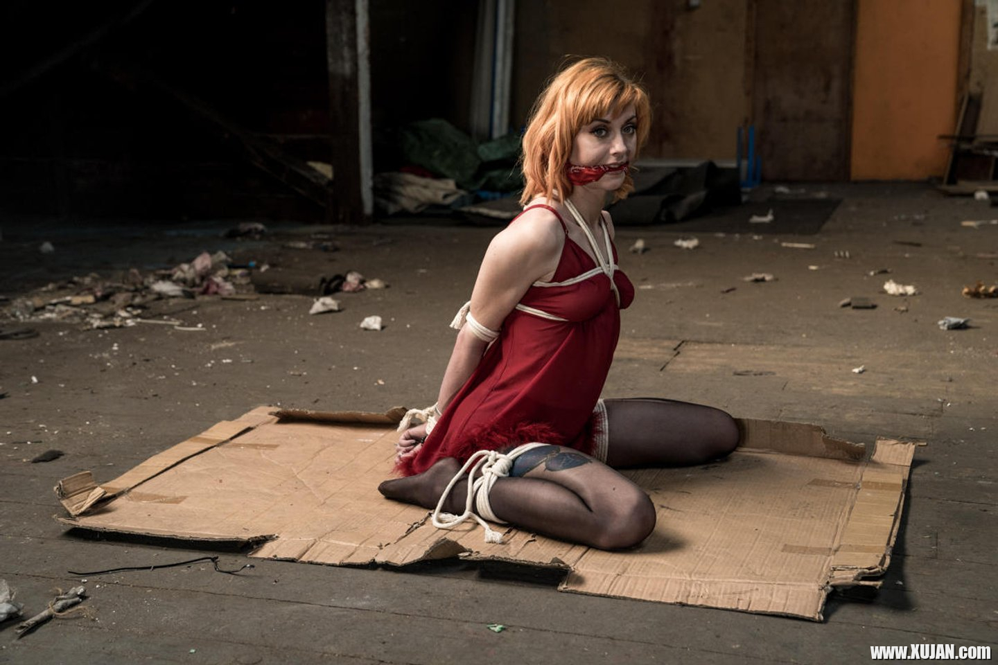 Ginger chick gets hogtied wearing red negligee - Photo #3472262