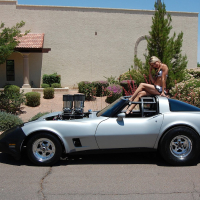 Sexy Porn Star Amy Brooke posing on a Corvette