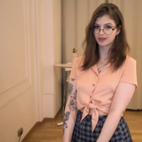 Naughty girl Lina Migurtt fucks hard for a sticky jizz on her glasses