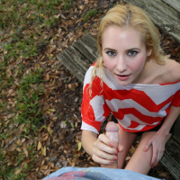 Pretty Odette Delacroix gives a lucky dude an outdoor handjob
