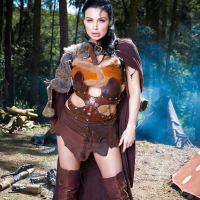 Brunette babe Aletta Ocean frees massive juggs from cosplay outfit outdoors