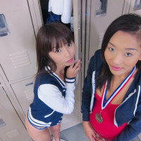 Young Asian amateur Alina Li and friend flashing flat chests in changeroom