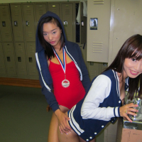 Young Asian amateur Alina Li and friend flashing flat chests in changeroom