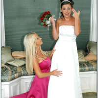 Busty blonde Nikki Benz helping Penny Flame to try on wedding dress
