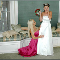 Busty blonde Nikki Benz helping Penny Flame to try on wedding dress