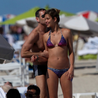 Ana Beatriz Barros wearing pink leopard print bikini on a beach in Miami