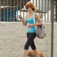 Bella Thorne wearing tiny blue top and leggings on the way at gym in Los Angeles