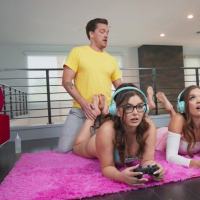 Hot gamer girls Katie Kush and Leana Lovings competing for a big cock