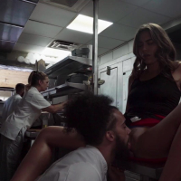 Selina Bentz getting double teamed by chefs in the kitchen