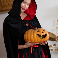 Lovely girl Stella Cardo puts on her new costume for Halloween