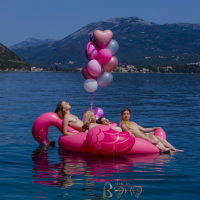 Cute chick Milena has fun with three friends on a pink flamingo