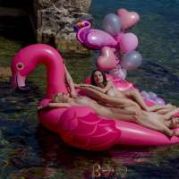 Cute chick Milena has fun with three friends on a pink flamingo
