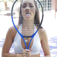 Brunette teen Lily Adams stretching pink cunt wide open on tennis court