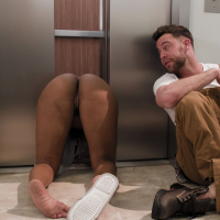 August Skye gets stuck in the elevator then banged by hung mechanic