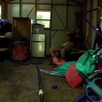 Asian chick Kimmy Kimm gets caught masturbating in a shed before hardcore sex