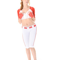 Hot redhead Anny Aurora grabs her bare ass after taking off baseball uniform