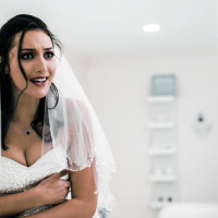 Darkhaired bride Bella Rolland receives an open mouth cumshot after fucking