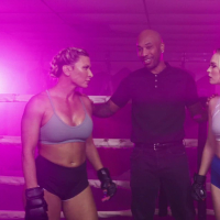 Nasty Ariel Carmine having lesbian fun with Lilly Bell in boxing ring
