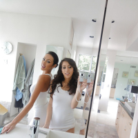 Latina lesbians April Oneil and Breanne Benson take naughty mirror selfies