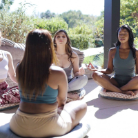 Lusty girls Chanell Heart and Sabina Rouge taking lesbian meditation class