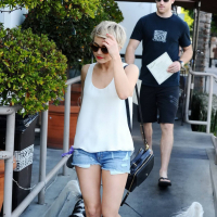 Julianne Hough caught in tiny denim shorts and white top while leaving Cuvee in