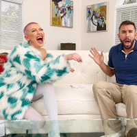 Bald chick Adira Allure gets fucked hard and jizzed on the couch